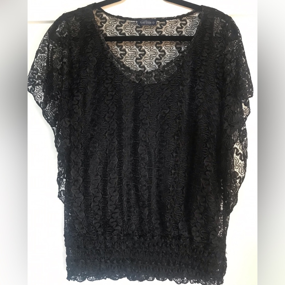 Lavish Black Lace Top, Lined, Elastic waist, Size L, machine wash